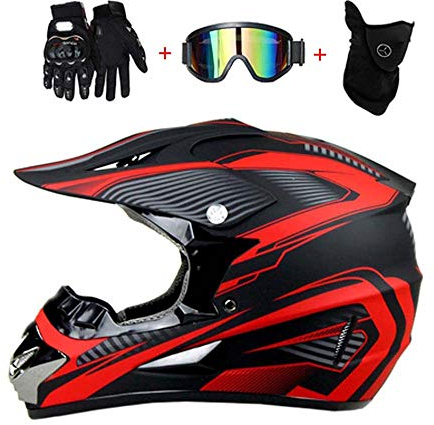 LEENP Motocross-Helm Schwarz Rot Crosshelm Set mit Brillen Maske Handschuhe, Herren Damen Motorrad-Helm Off-Road Downhill-Enduro-Helm-ATV-MTB-BMX Dirt Bikes Quad Motorräder Full-Face Schutz-Helm,B,XL