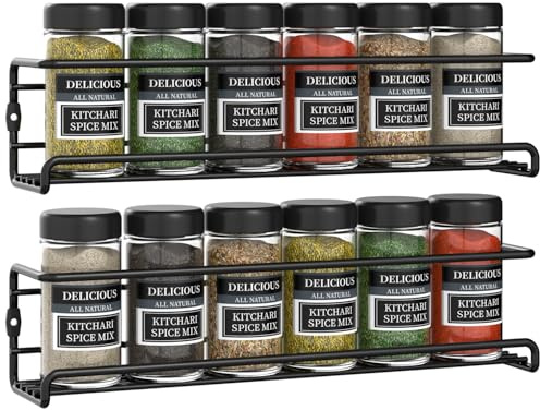 Vinsani 1/2/3/4/5/6 Tier Spice Racks Organiser - 2 Tier Flexible Herb Spices Condiments Jar Wall Mounted Hanging Storage with Adhesive Stickers & Screws For Pantry Kitchen Walls (Black)