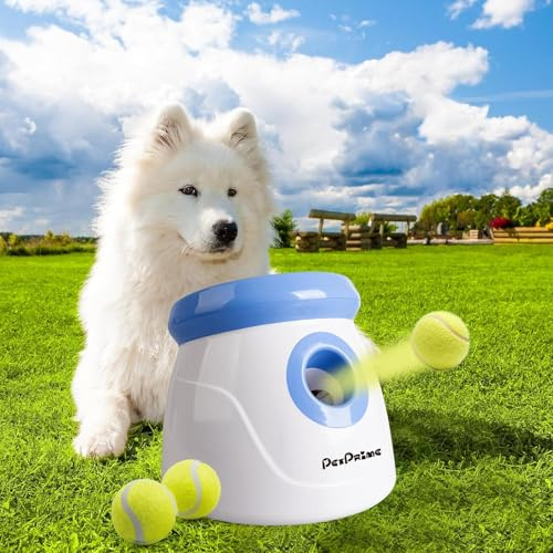 Pet Prime Automatic Dog Ball Launcher, Dog Ball Thrower with 10-30 Ft Launch Distance, Interactive Puppy Pet Fetch Toy, Mini Ball Throwing Machine for Small and Medium Dogs, With 3 PCS 2 Tennis Balls