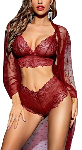 RSLOVE Sexy Lingerie for Women Lace Lingerie Set with Mesh Robe 3 Piece Set Sleepwear Nightwear