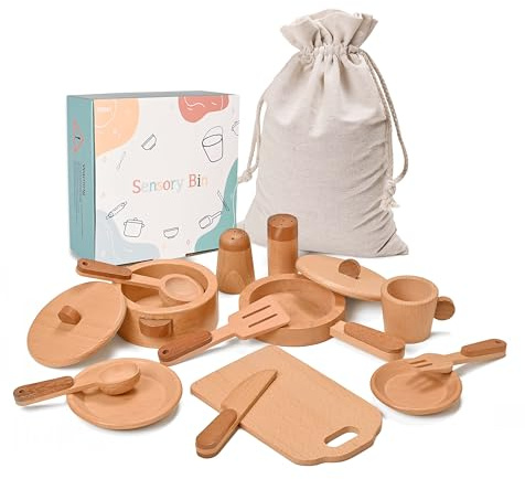 MONT PLEASANT Play Kitchen Accessories Montessori Wooden Toys Kids Kitchen Set Cookware Plates Dishes Pots Pans Cooking Playset 15 Pieces Sensory Toys for Toddlers Girls Boys With Storage Bag