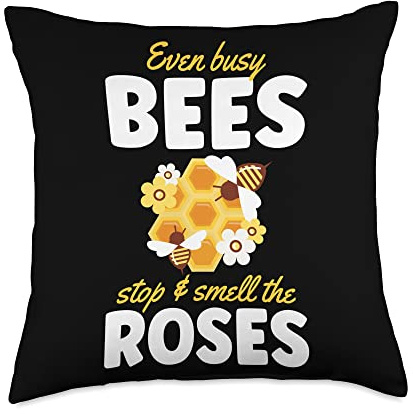 Beekeeping Clothings Even Busy Bees Stop and Smell The Roses Throw Pillow, 18x18, Multicolor