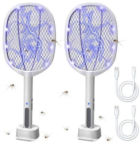 Lulu Home 2-in-1 Electric Bug Zapper Racket, 2 Pack 3000V High Voltage LED Lighted Handheld Mosquito Swatter with 3 Layer Safety Mesh, USB Charging Portable Fly Killer Racquet