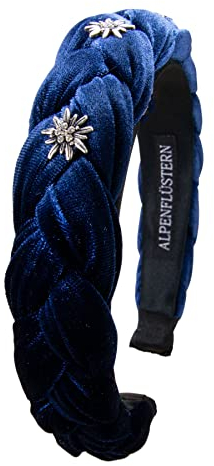 Alpenflüstern Trachten-Haarreif Samt Flechtoptik & Strass-Edelweiß - Damen Haarschmuck rutschfest, Haarband geflochten fürs Dirndl (blau) ADV129