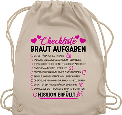 Turnbeutel Rucksack - JGA Junggesellenabschied Frauen - Braut Aufgaben I Mutprobe Checkliste - Unisize - Naturweiß - bride stoffbeutel brauttaschen bachelorette party aufgabe beutel brautrücksack