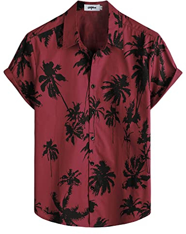 VATPAVE Herren Baumwolle Hawaii Hemd Männer Blumen Freizeit Kurzarmhemd Sommerhemd Urlaub Hemden Groß Weinrot Kokosbaum
