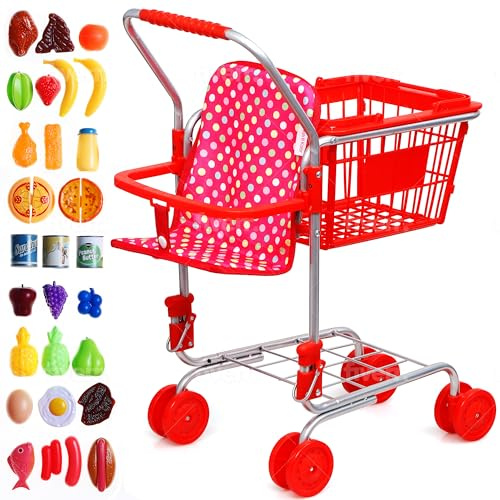 Shop 'N' Go Toy Shopping Cart for Kids and Toddler - Includes Food - Folds for Easy Storage - with Sturdy Metal Frame Pretend Play Food Role Play, Educational Toy (Doll Not Included)