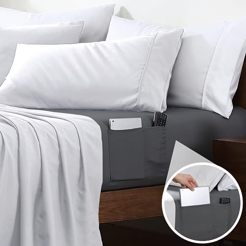 Cathay Home King Double-Sided Organizer Pocket Fitted Smart Sheet - Double Brushed Ultra Soft – Wrinkle & Fade Resistant - 14 Deep Pocket Fitted Sheet Only (King, Grey)