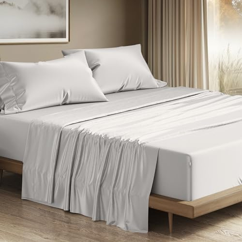 THREAD SPREAD 100% Egyptian Cotton King Size Sheets Set - Luxury 1200 Series Plush Collection Egyptian Cotton Sheets King Size (4 PC, Light Grey), Silky Soft, Cooling, 17 Deep Pocket Bed Set