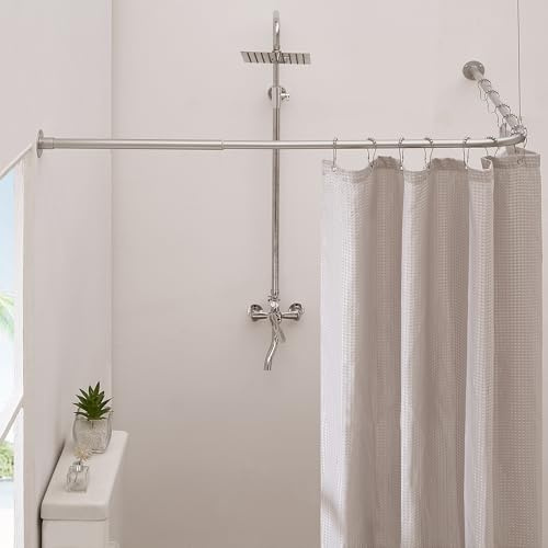Crkmire L Shaped Shower Curtain Rail, [61-134 cm] x [61-134 cm] Adjustable Corner Shower Pole No-Sagging 90 Degree Curved Curtain Rod for Bathroom Bathtub with 12 Ring Hooks & Ceiling Support