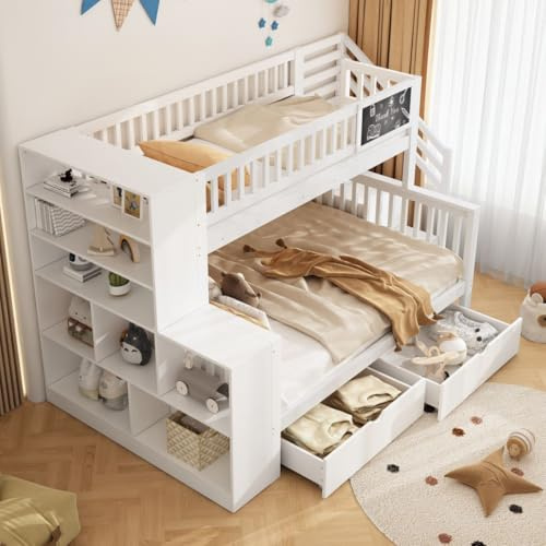 Cadre de lit pour Enfant, Lit d'enfant pour la Maison 140 * 200cm & 90 * 200cm, lit superposé avec Planche à Dessin, lit d'enfant avec escalier et armoires de Rangement avec tiroirs, sans Matelas