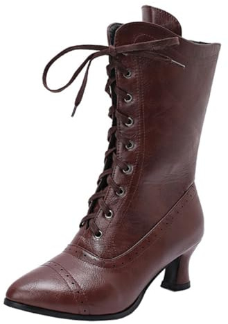 CUTEHEELS Stivaletti da donna con punta in pizzo, tacco a blocco da 5,5 cm, allacciatura | tomaia in similpelle | fodera in pelliccia sintetica | per tutti i giorni e il lavoro, marrone, 34 EU