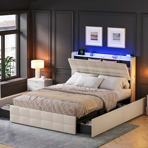 Miyemo Double Bed Frame with Storage Drawers, 4ft6 Upholstered Bed with Concealed Headboard Storage, Velvet Double Bed Frame with LED-Lighting & Charging-Station, 135x190cm, Beige, (No Mattress)
