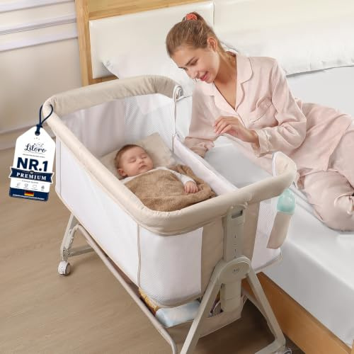 Liloro 4-in-1 Baby Bedside Crib, 6 Height Adjustable Co-Sleeper Cot, Portable Baby Bassinet with Wheels, Breathable Mesh Sides, Newborn Baby Cradle 0–12 Months, Beige