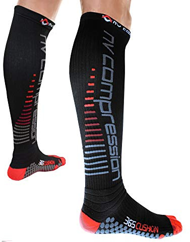 NV Compression 365 Cushion Socks – Black – Compression Sports Socks – for Running, Cycling, Triathlon, Gym (Bk/Red Stripes, XL)