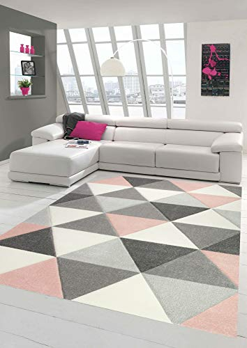 Merinos Teppich modern Designerteppich mit Dreieck Muster in Rosa Grau Creme Größe 80x150 cm