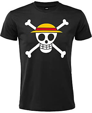 One Piece T-Shirt Strohhut Offizielles Totenkopf-Logo. Kurze Ärmel. 100% Baumwolle. Unisex. Größen von Erwachsenen bis Jungen. (Schwarz, M)