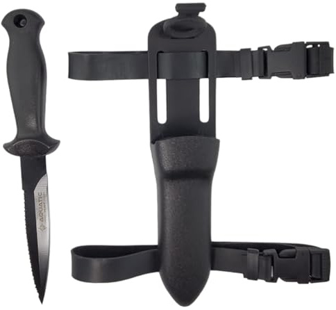 Aquatic Hunt 8.5 (216 mm) Dive & Spearfishing Knife – SS304 Serrated Stainless Steel with Black Coating for Easy Cleaning – Lightweight, Rust-Resistant Blade – Includes Adjustable Arm/Leg Holster