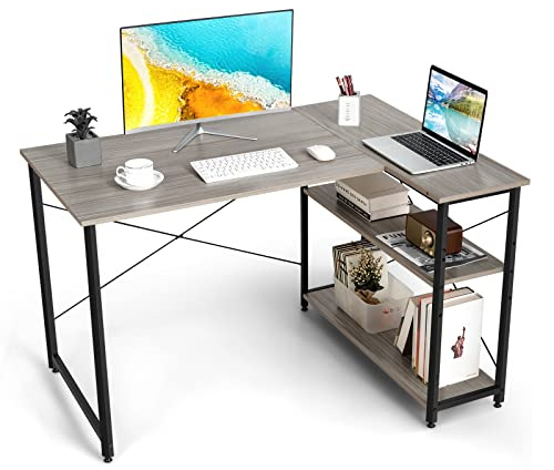 COSTWAY Corner Computer Desk, L-Shaped Writing Study Table with Reversible and Adjustable Bookshelf, Space-Saving Home Office PC Laptop Workstation (Grey, 120 x 88 x 75cm)