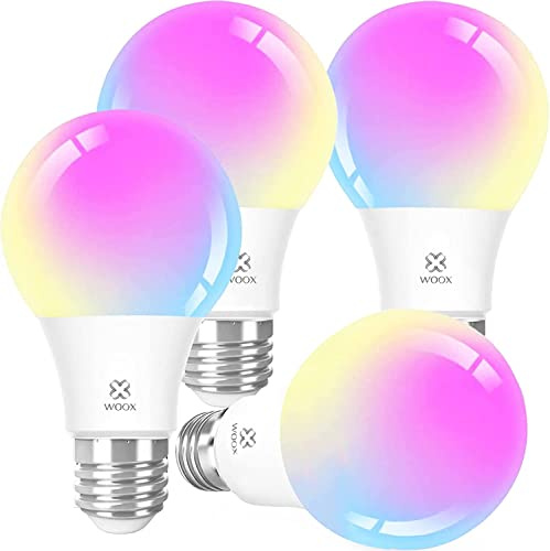 Woox Bombilla Inteligente LED E27 Wifi 9W Compatible Con Google Home/Alexa, Bombilla RGB(2700K-6500K) Luces Colores Regulable, Control Remoto,Control De Voz, Ahorro Energético, Paquete 4