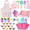 deAO Gardening Set with DIY Flower Kits, Role Play Set Including Gardening Tools, Watering Can, Apron, Gloves, Shovel, Flower Basket Outdoor Pretend Play Toys, Gift for Kids Age 3+ Pink