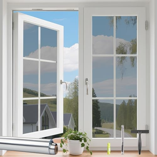 KROMAPOLIS fönsterfilm ogenomskinlig från utsidan, spegelfolie fönster, insynsskydd självhäftande, hittisolerande och UV-resistent, silverfärger 60 x 400