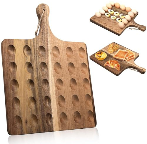 Wooden Deviled Egg Platter, Reversible Deviled Egg Tray with Handle, 30 Holes Square Acacia Wood Egg Holder, Charcuterie Board & Egg Serving Tray for Christmas Birthday Kitchen Countertop, 43 x 33 cm
