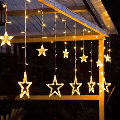 Friedwohl Ljusslinga stjärnor gardin 2,3 m 138 LED ljusgardin julljus med kontakt varmvitt fönster inomhus utomhus dekoration, ljusslinga med 12 stjärnor LED