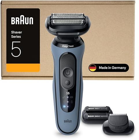 Braun Serie 5 Rasoio Elettrico Barba, Wet&Dry, Regolabarba Uomo, Rasoio Barba, 50 min Di Utilizzo, +2 Accessori, Senza Fili, 100% Impermeabile, Regolabarba Braun, 52-A1820SI, Azzurro