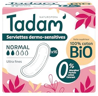 TADAM’ - 16 Serviettes Hygiéniques Dermo-Sensitives - Protections Hygiéniques Femme Ultra Fines - Flux Normal - Extra Absorbantes - A base de Coton Bio - Confort Jour et Nuit