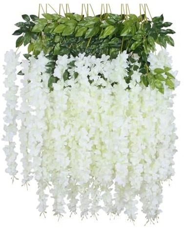 Valyria Home Glicinas Artificiales Colgantes Blancas, 12 Glicinas de 100 cm por Enredadera – Guirnalda de Flores para Decoración de Boda, Jardín o Fiesta en Casa – Planta Artificial Realista