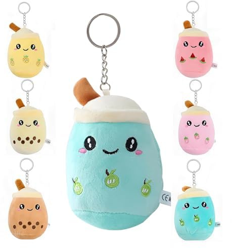 Puedno 6 stycken Bubble Tea gosedjur nyckelring, 11 cm bubble tea gosedjur Boba Tea plysch leksak nyckelring för ryggsäckar