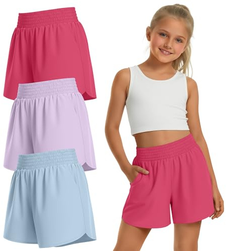 Clabby Paquete de 3 Pantalones Cortos Deportivos para niñas con Forro Interior (2 en 1), de Secado rápido y con Bolsillos(Azul Claro, Morado Claro, Rojo Intenso,13-14 años)