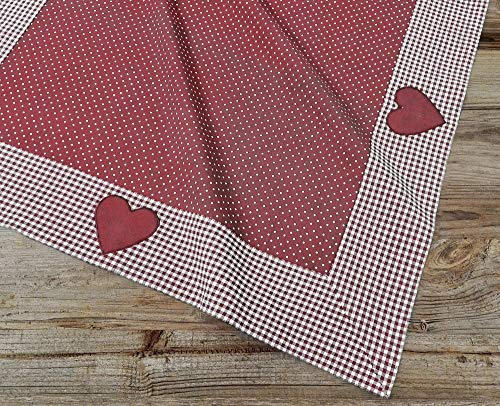 Tischdecke LINA kariert, Punkte Herzen rot - Großes Stoff Tischtuch Landhausstil 70 cm Tischdeko quadratisch - Waschbare Mitteldecke aus 100 % Baumwolle, als moderne Hochzeitsdeko, Geburtstag, Party