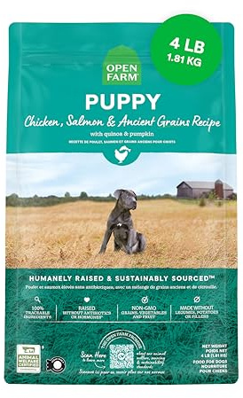 Open Farm, Ancient Grains Dry Dog Food for Puppies, Protein-Rich & Nutrient Dense, 90% Animal Protein Mixed with Non-GMO Fruits, Veggies and Superfoods, Chicken & Salmon Recipe for Puppy, 4lb Bag