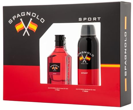 SPAGNOLO - Sport Colonia 75 ml + Desodorante en Spray 200 ml, Estuche de Regalo Hombre, Eau de Toilette Natural y Masculina, Aroma Amaderado Especiado, Fragancia Fresca, Enérgica y de Larga Duración