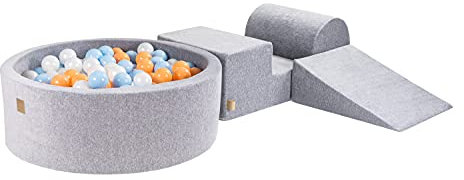 MEOWBABY Parco Giochi in Schiuma con Piscina di Palline 90x30cm/200 Palline per Bambini - Blocchi Morbidi, Velluto, Rosa Chiaro: Pescia/Babyblue/Perle Bianche