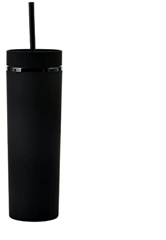 Bulckrew Becher mit Strohhalm und Deckel, 450ml Strohbecher Doppelwandige Acryl Trinkbecher Matt Wasserbecher, Schwarz