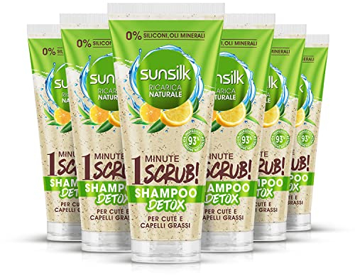 Sunsilk, Shampoo Detox, Scrub Capelli Tè Verde & Limone, Shampoo Scrub per Cute e Capelli Grassi, con 93% di Ingredienti di Origine Naturale*, Senza Siliconi e Oli Minerali, 6 Pezzi da 200ml