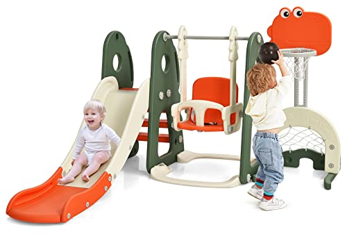 GYMAX Toddler Swing and Slide Set, 6 in 1 Children Climber and Swing Set with Adjustable Basketball Hoop, Football Gate & Golf Hole, Kids Playground Activity Centre for Indoor (Dinosaur)