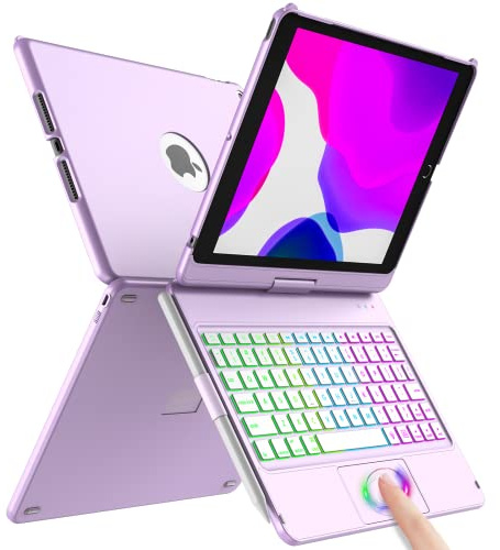 aMZCaSE Funda con Teclado para iPad 10.2 para iPad de 9.ª Gen 2021-360° Funda con Teclado inalámbrico Bluetooth con 7 retroiluminación Auto Sleep/Wake para iPad 9/8/7.ª Gen,Púrpura