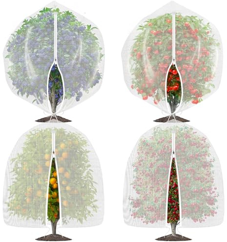 OZMI 4 Pack Fruit Tree Blueberry Bush Netting Cover, 4Ft x 5Ft Reusable Bird Netting for Garden Protection with Zipper & Drawstring, Shrubs Tomato Strawberry Plant Bushes Protector