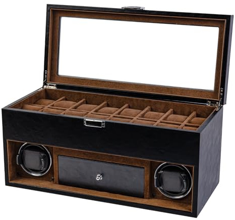 DUKWIN Double Watch Winder with 16 Extra Storage Box, Automatic Watch Winder Box with LED Light Quiet Motors, Watch Winders for 2 Watches, Multifunctional Watch Box, Adjustable Watch Pillows
