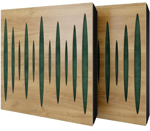 2er-Pack – Akustikpaneel mit Samtstoff und Befestigungsset | 50x50x5cm | Schallabsorption-Diffusion-Reflexion-Schalldämmung | Akustikbehandlung für zu Hause [PULSAR - Eiche | Grün]