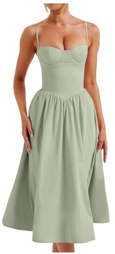 2025 abito corsetto donna spalline bustier abito midi corsetto fluente orlo pieghettato spugna abito da spiaggia donna, Verde chiaro, S