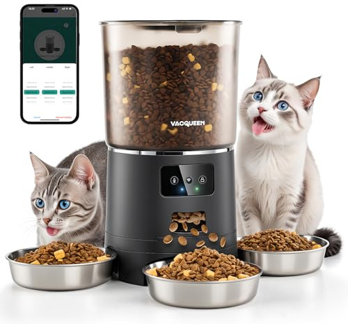 Mangiatoia automatica per gatti con APP e timer, 6 L / 25 porzioni di cibo per gatti, 3 ciotole, 3 confezioni di cibo secco, sistema anti-ostruzione, WiFi 2.4G, registrazione vocale 10 s, distributore