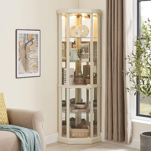 TRJQBCC 69 H Lighted Corner Display Cabinet, Curio Corner Glass Cabinet w/Adjustable Shelves & Glass Door, 5-Tier Wooden Storage Display Case w/Mirrored Back Pane for Living Room (Antique White)