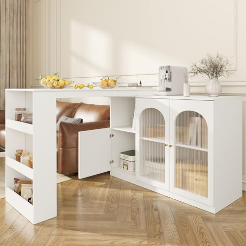 Merax Table de Bar de Salon, pivotante à 360°, avec Portes d'armoire en Verre, Armoire de Rangement multifonctionnelle, avec étagères Ouvertes et Placard,Blanc