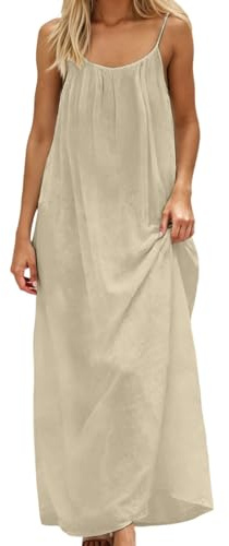 Générique Robe Maxi Longue Femme en Lin-sans Manches Robe De Maison Légère Et Ample À Dos Nu pour Le Salon, Les Vacances Ou La Plage, Confortable Et Respirante #Beige