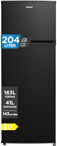 Comfee' Kühlschrank mit Gefrierfach | 204L Kühl-Gefrierkombination, 143 cm Höhe | 137 kWh/Jahr, Low Frost, Leise 39 dB, LED-Licht, Inverter Kompressor, Freistehend Schwarz RCT210DK3EU(E)